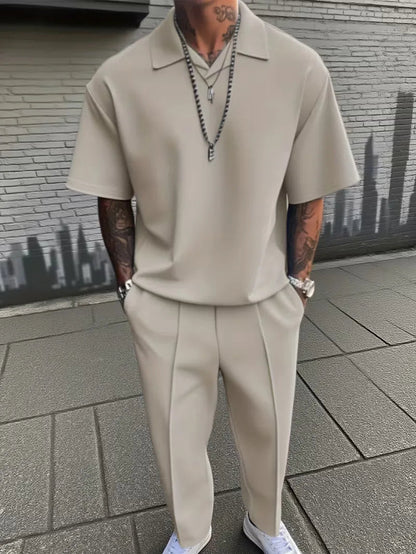 Men's Relaxed Fit Short Sleeve Casual Two Piece Set in Beige