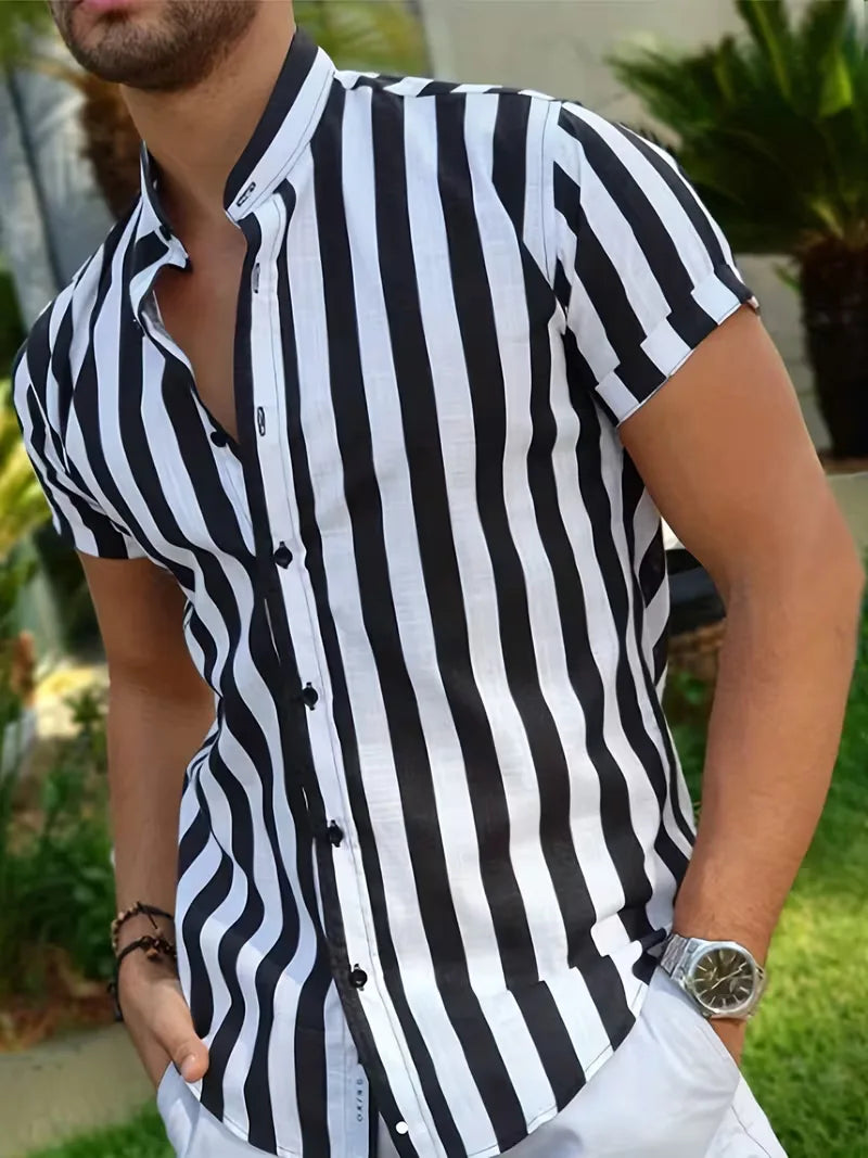 Men's Black Striped Short Sleeve Button Front Shirt in Black