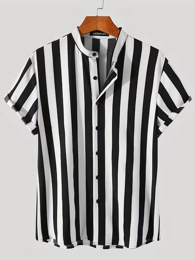 Men's Black Striped Short Sleeve Button Front Shirt