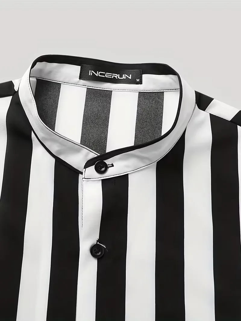 Men's Black Striped Short Sleeve Button Front Shirt