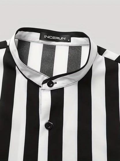 Men's Black Striped Short Sleeve Button Front Shirt