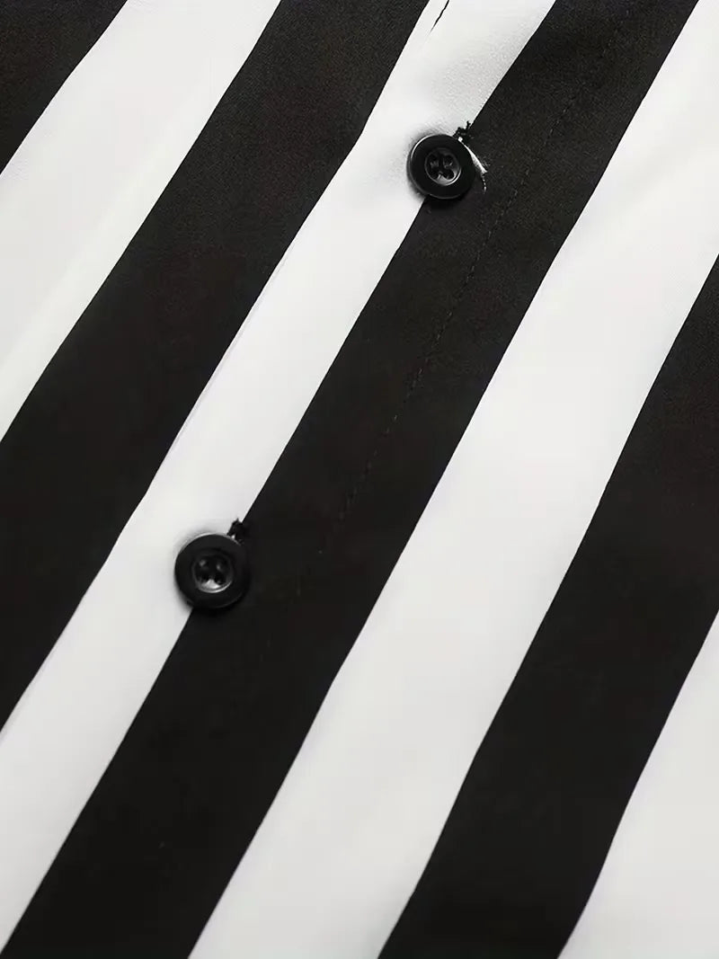 Men's Black Striped Short Sleeve Button Front Shirt