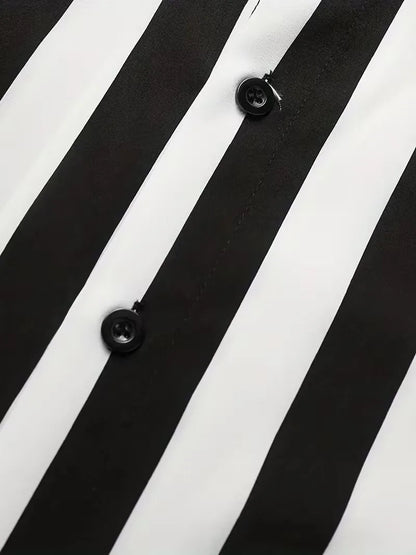 Men's Black Striped Short Sleeve Button Front Shirt