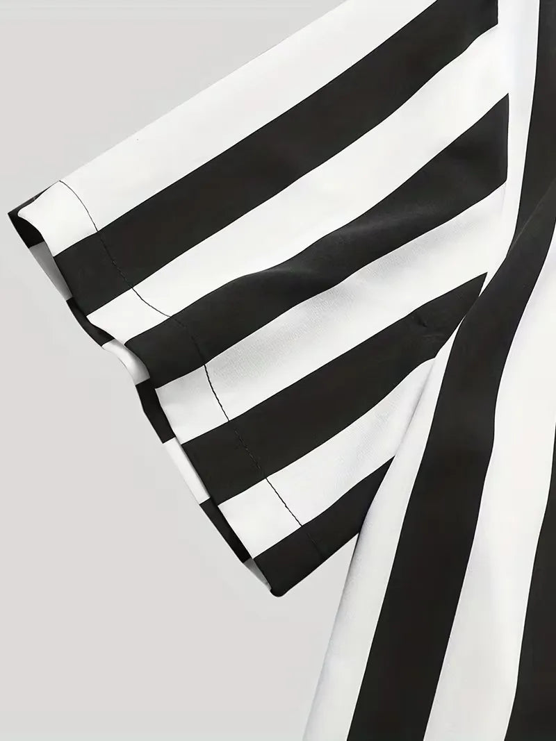 Men's Black Striped Short Sleeve Button Front Shirt