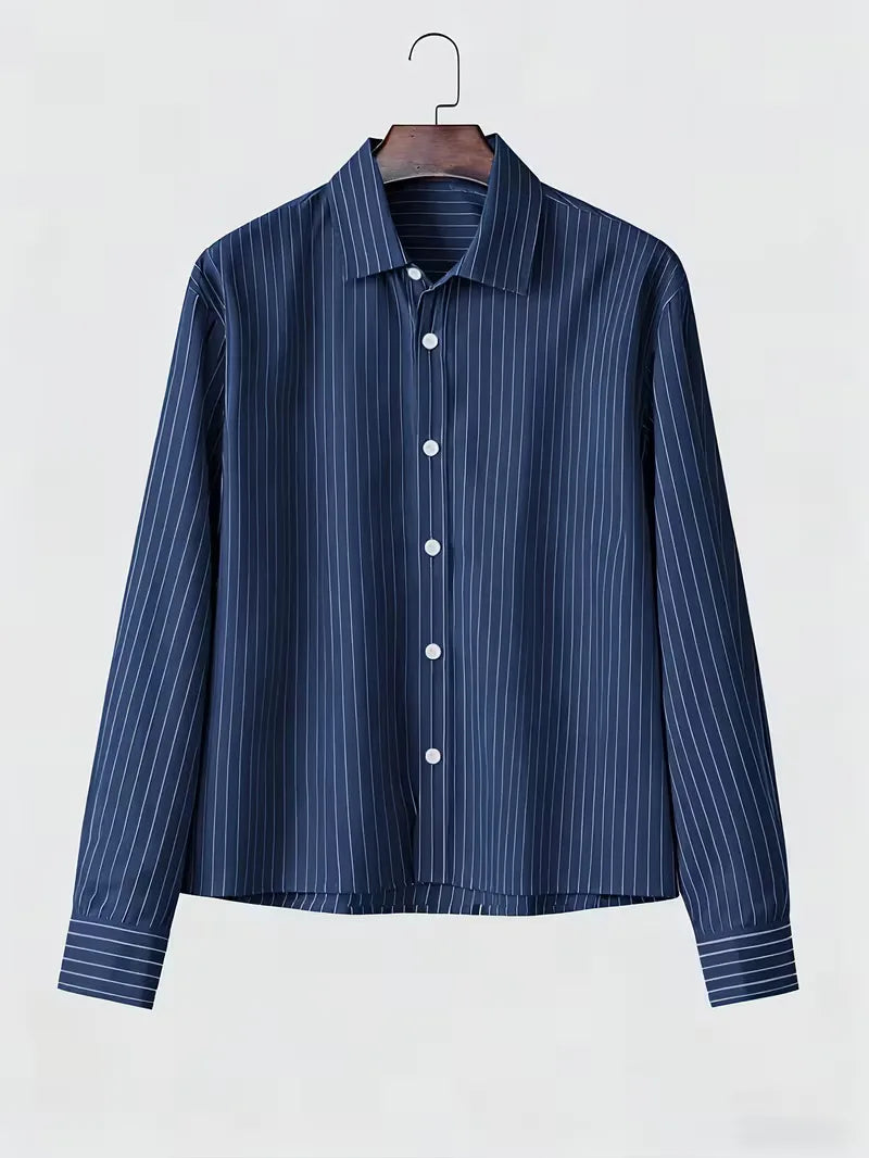 Men's Navy Blue Striped Oversized Long Sleeve Shirt