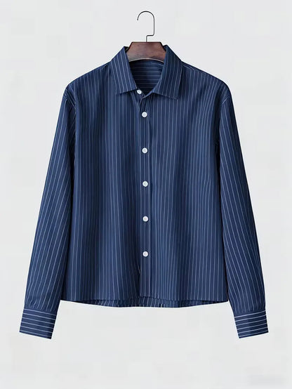 Men's Navy Blue Striped Oversized Long Sleeve Shirt