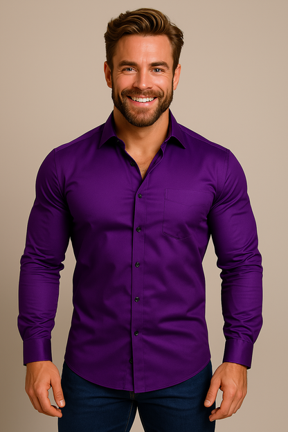 Men's Relaxed Fit Long Sleeve Button Front Patch Pocket Shirt in Purple