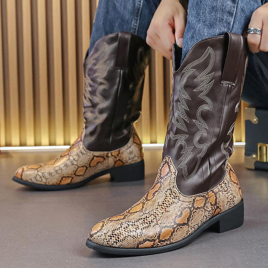 Men's Embroidered Snake Print Cowboy Boots in Brown
