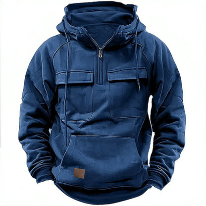 Men's Quarter Zip Drawstring Hoodie in Blue