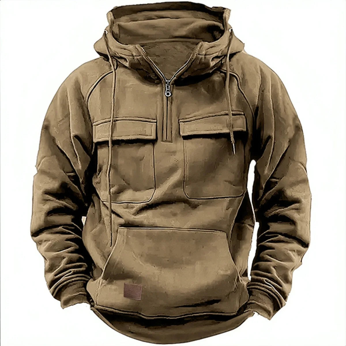 Men's Quarter Zip Drawstring Hoodie in Khaki