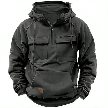 Men's Quarter Zip Drawstring Hoodie in Charcoal