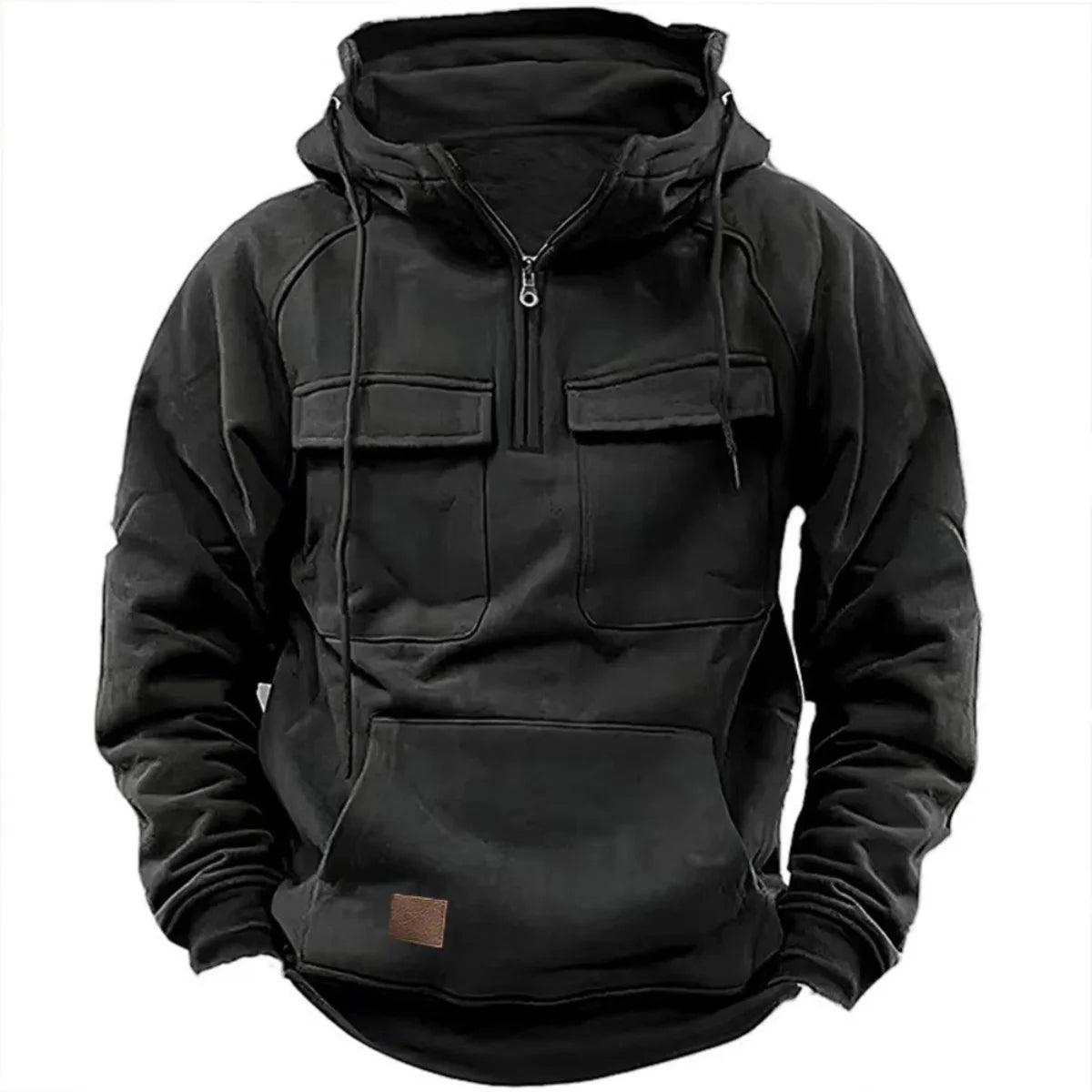 Men's Quarter Zip Drawstring Hoodie in Black