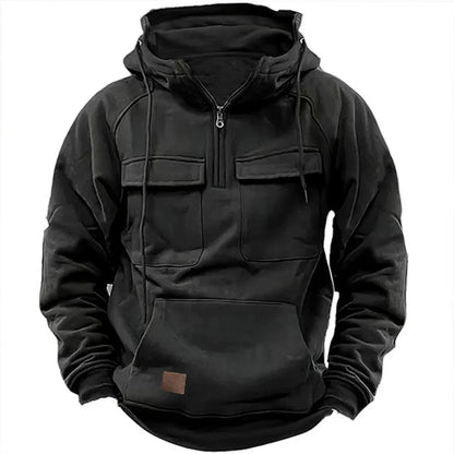 Men's Quarter Zip Drawstring Hoodie in Black