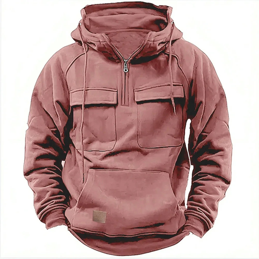 Men's Quarter Zip Drawstring Hoodie in Pink