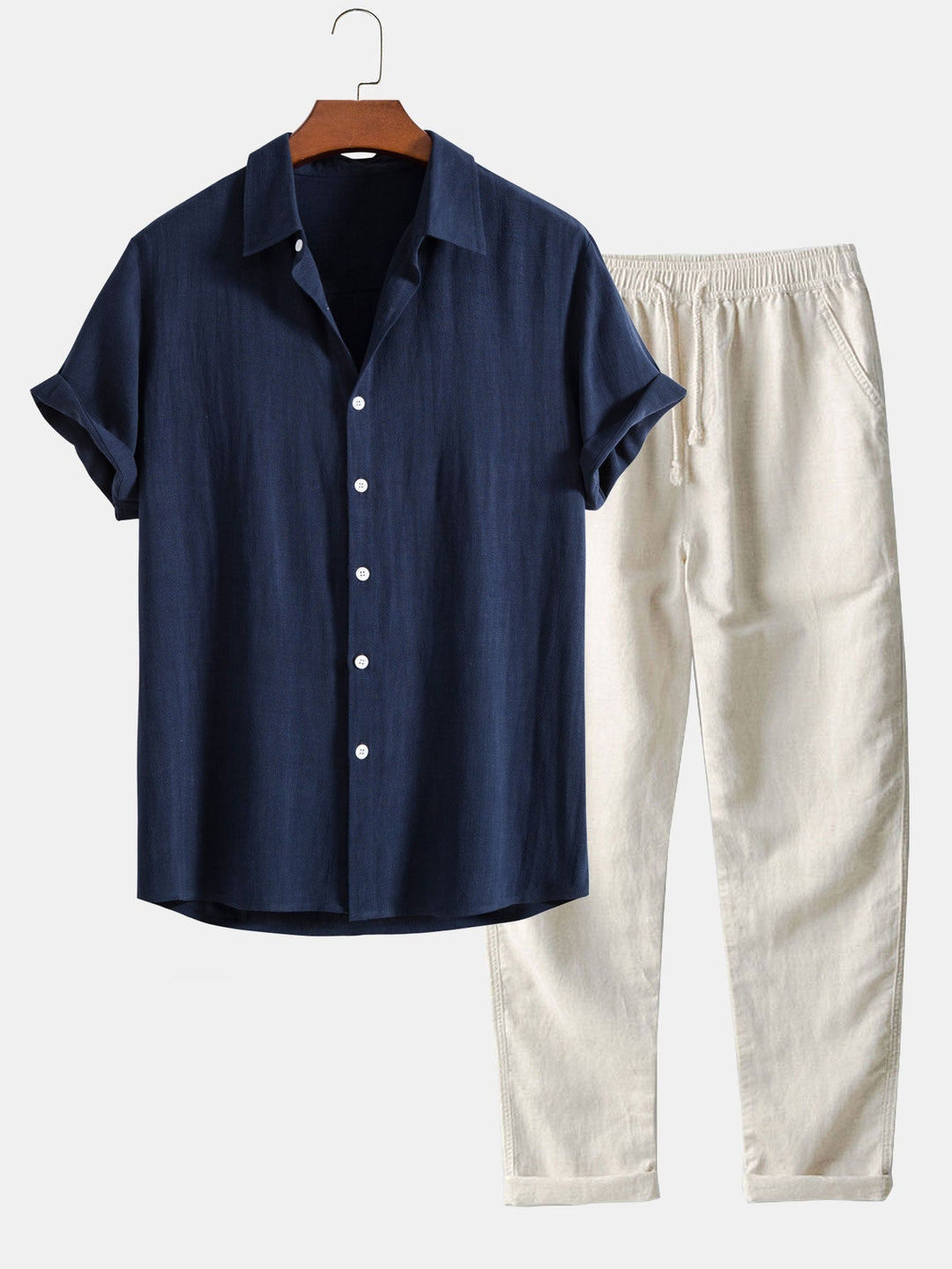 Men's Drawstring Short Sleeve Button Front Two Piece Set