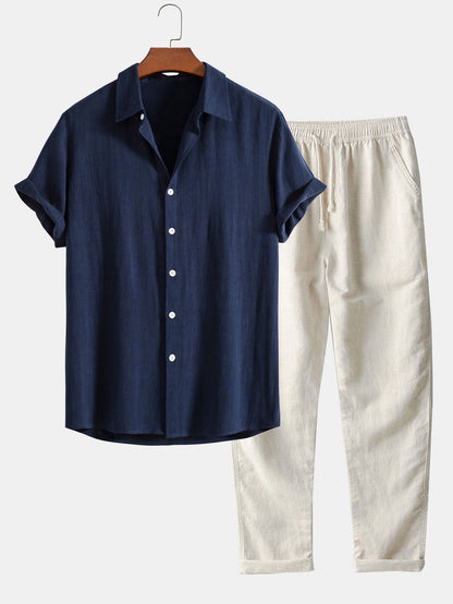 Men's Drawstring Short Sleeve Button Front Two Piece Set