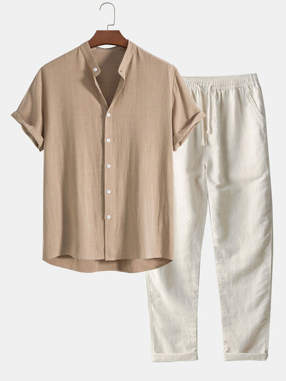 Men's Drawstring Short Sleeve Button Front Two Piece Set view 3