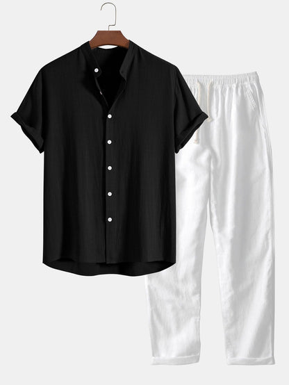 Men's Drawstring Short Sleeve Button Front Two Piece Set view 4