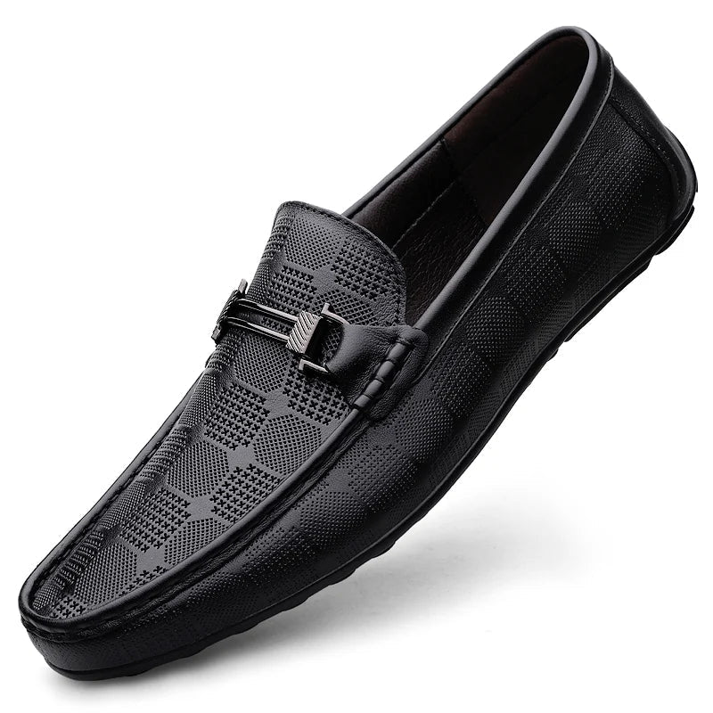 Men's Buckle Detail Perforated Slip On Loafers in Black