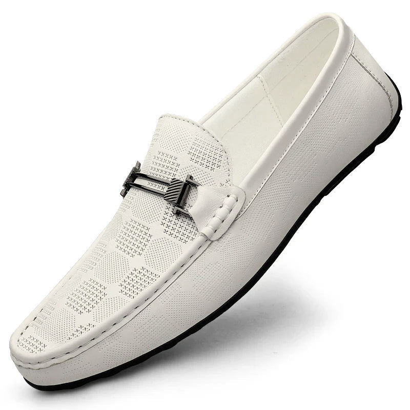 Men's Buckle Detail Perforated Slip On Loafers in White