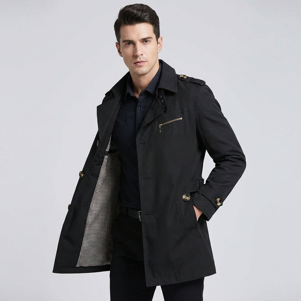 Men's Black Double Breasted Trench Coat
