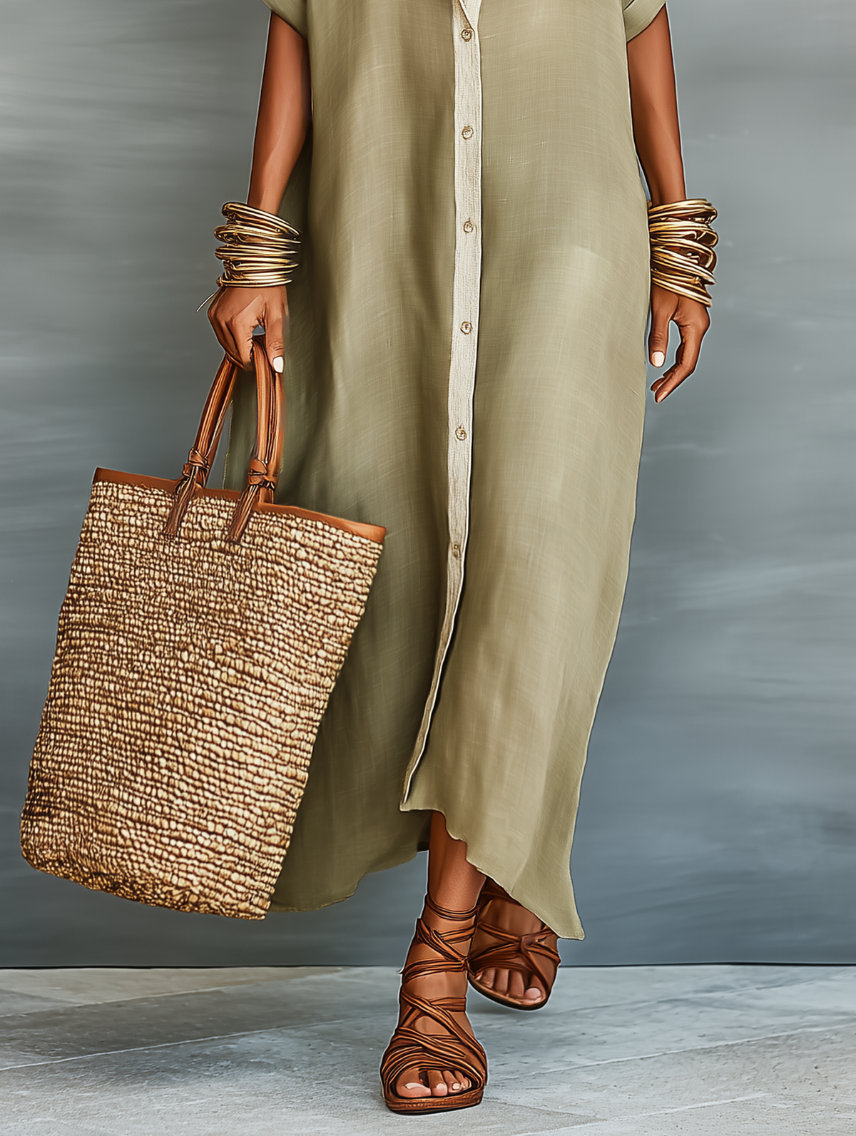Women's Relaxed Fit Short Sleeve Belted Button Front Maxi Dress