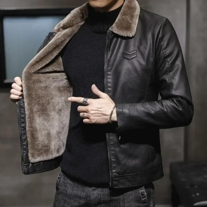 Men's Fleece Lined Fur Collar Faux Leather Jacket in Black
