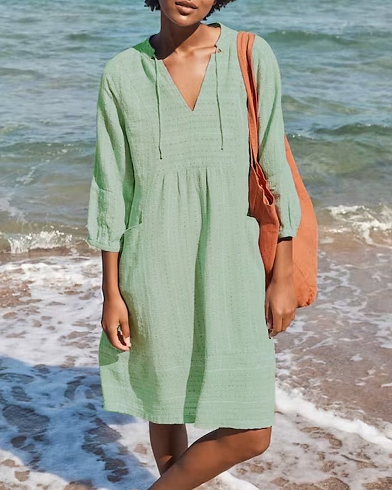 Women's V Neck Boho Midi Dress in Green