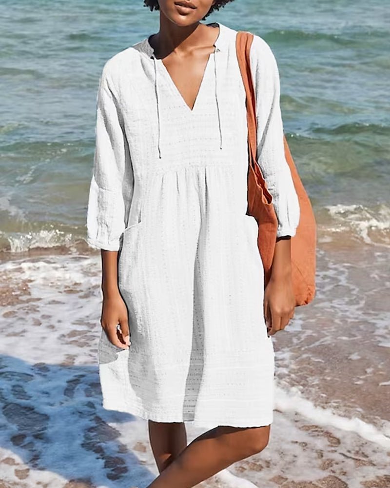 Women's V Neck Boho Midi Dress in White