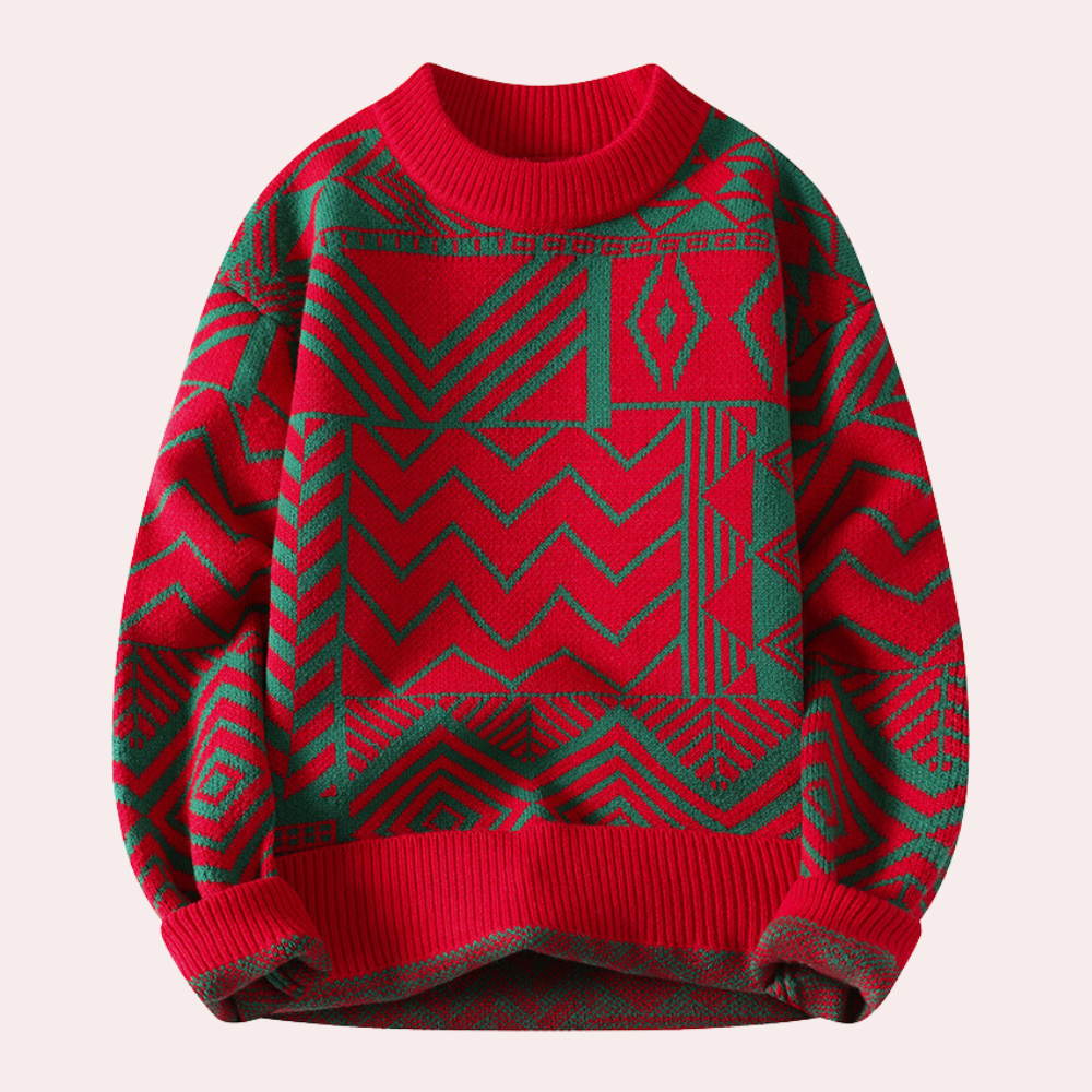 Men's Geometric Print Crew Neck Knitted Jumper in Red