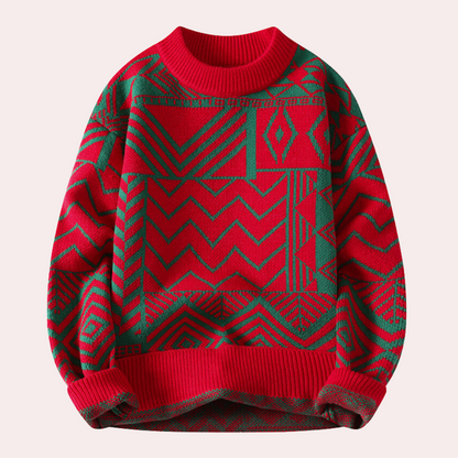 Men's Geometric Print Crew Neck Knitted Jumper in Red