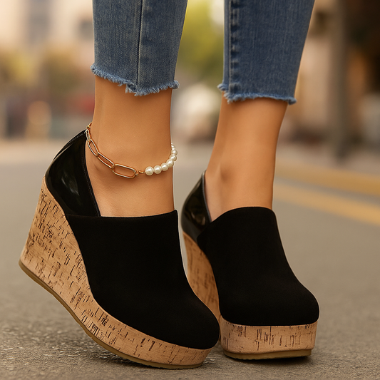 Women's Wedge Heel Slip On Casual Loafers in Deep Black