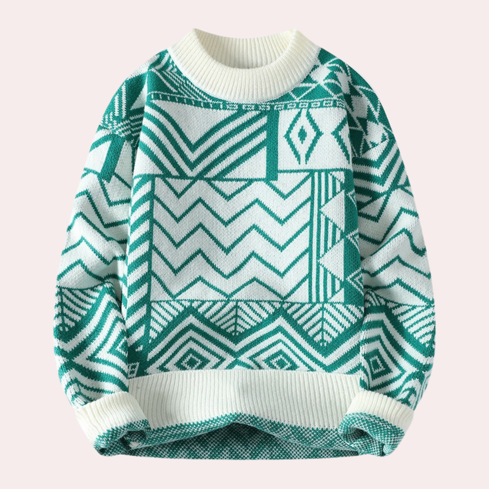 Men's Geometric Print Crew Neck Knitted Jumper in Green