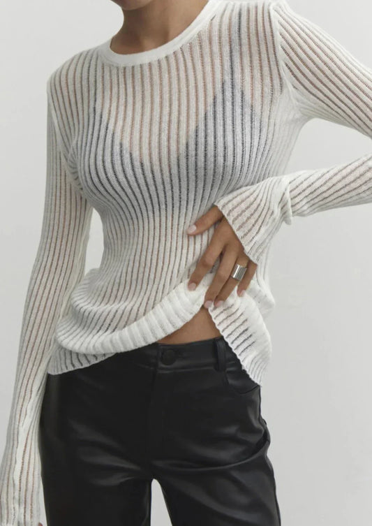 Women's Sheer Ribbed Long Sleeve Fine Knit Jumper view 2