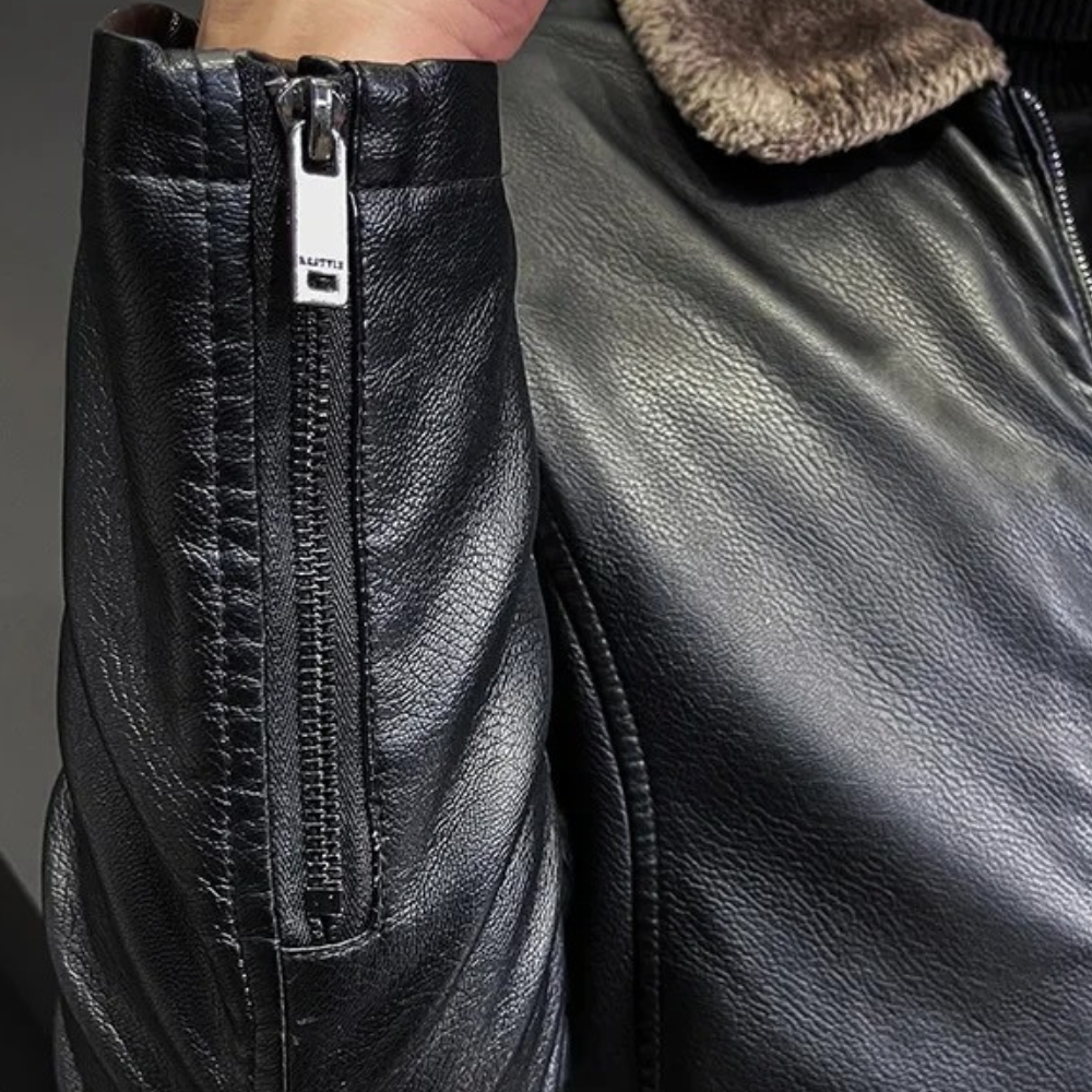 Men's Fleece Lined Fur Collar Faux Leather Jacket