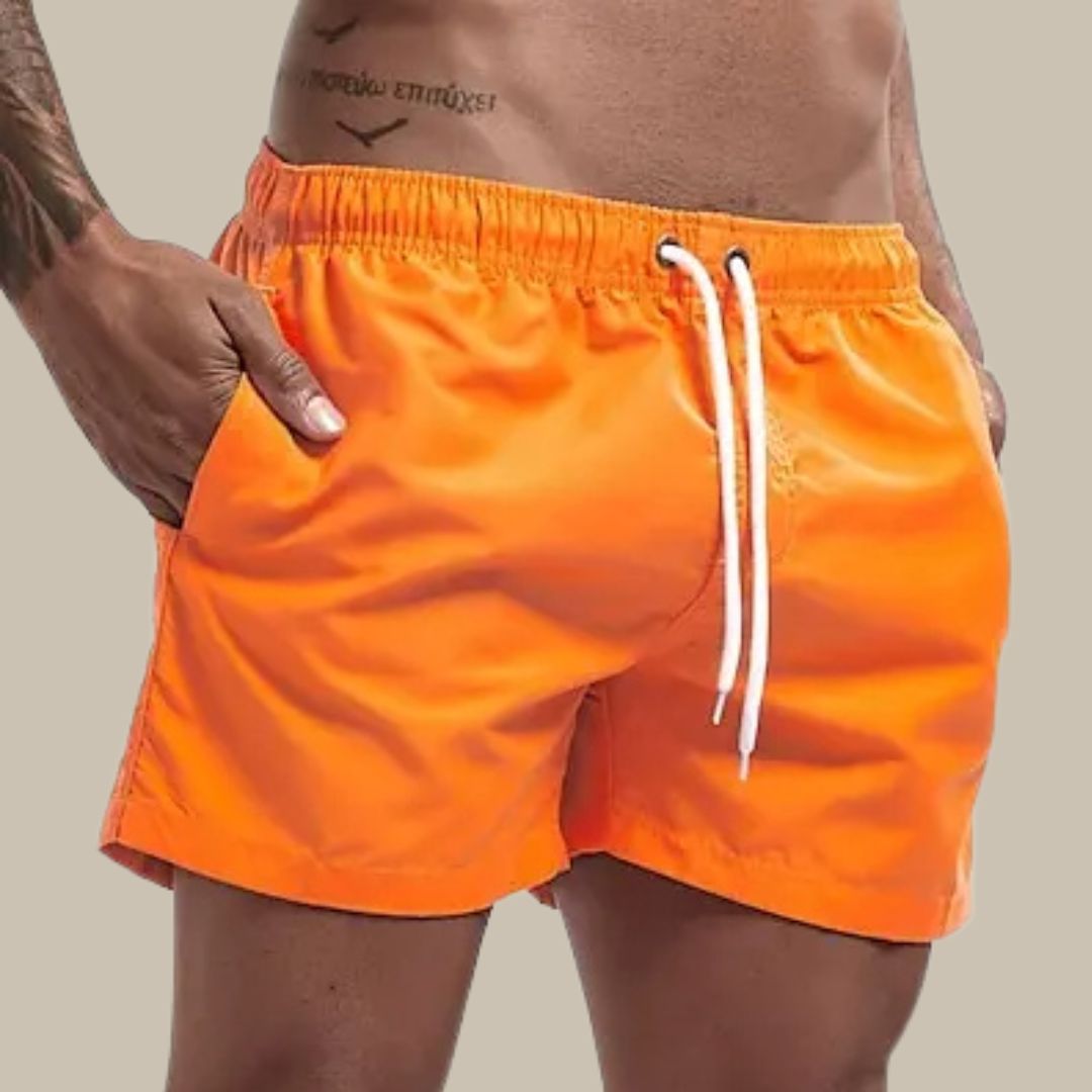 Men's Elastic Waist Patch Pocket Swim Shorts in Orange