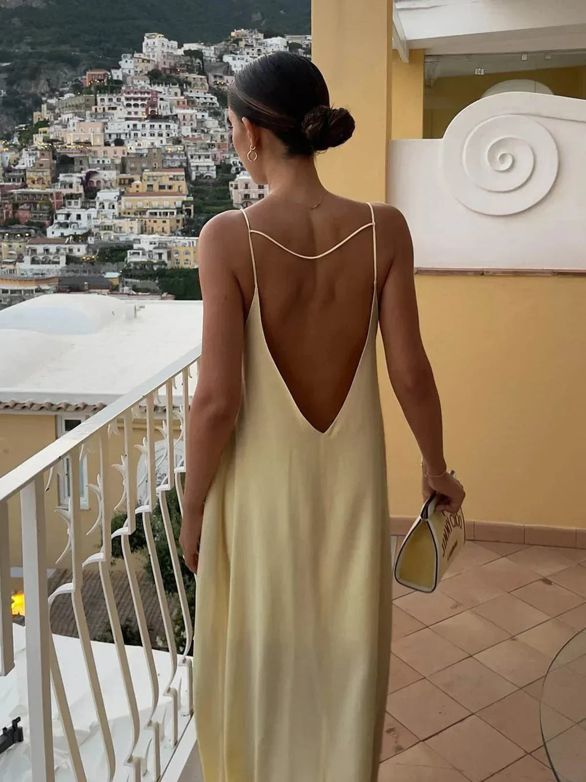 Women's Yellow Open Back Draped Maxi Dress