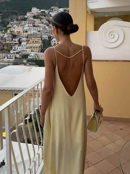 Women's Yellow Open Back Draped Maxi Dress