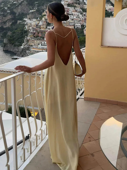 Women's Yellow Open Back Draped Maxi Dress
