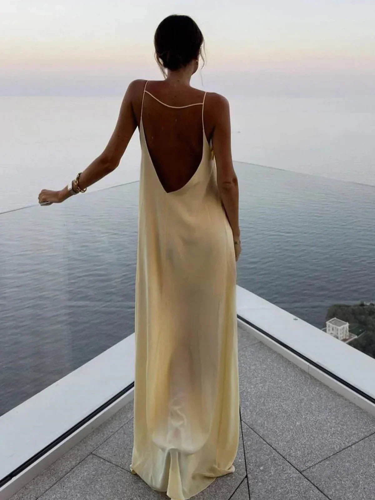 Women's Yellow Open Back Draped Maxi Dress