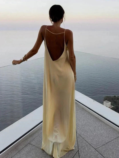 Women's Yellow Open Back Draped Maxi Dress