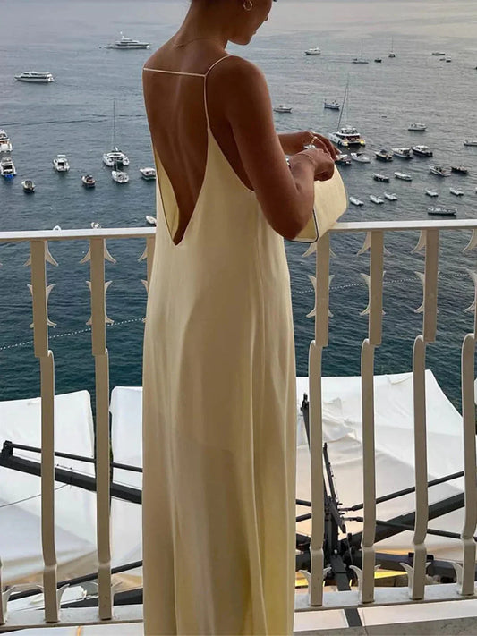 Women's Yellow Open Back Draped Maxi Dress in Yellow