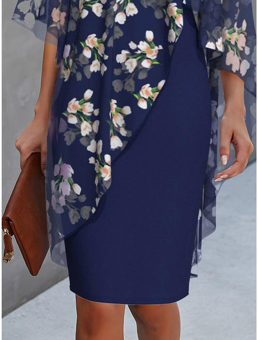 Women's Floral Overlay Three Quarter Sleeve Maxi Dress