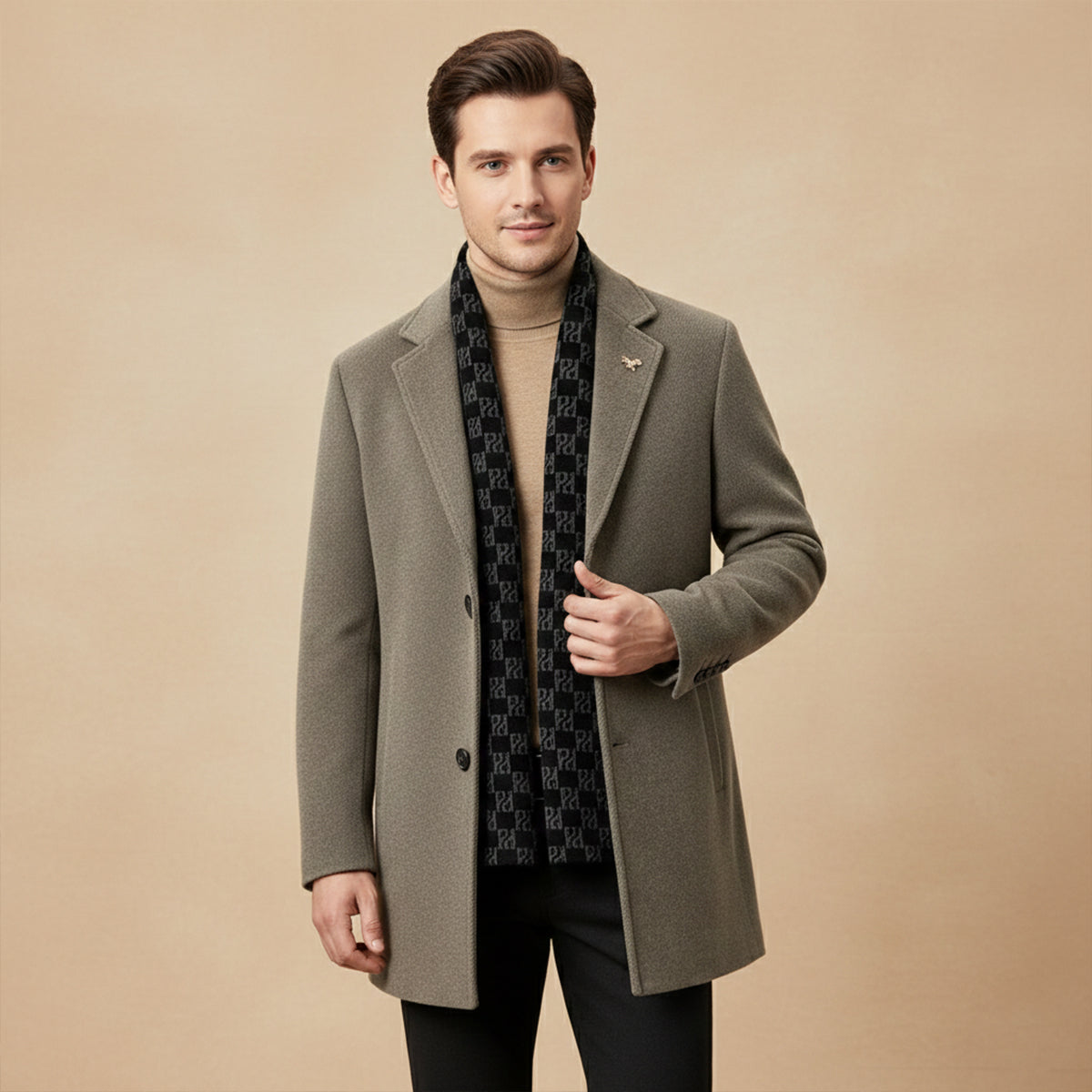 Men's Fur Lined Longline Overcoat with Scarf