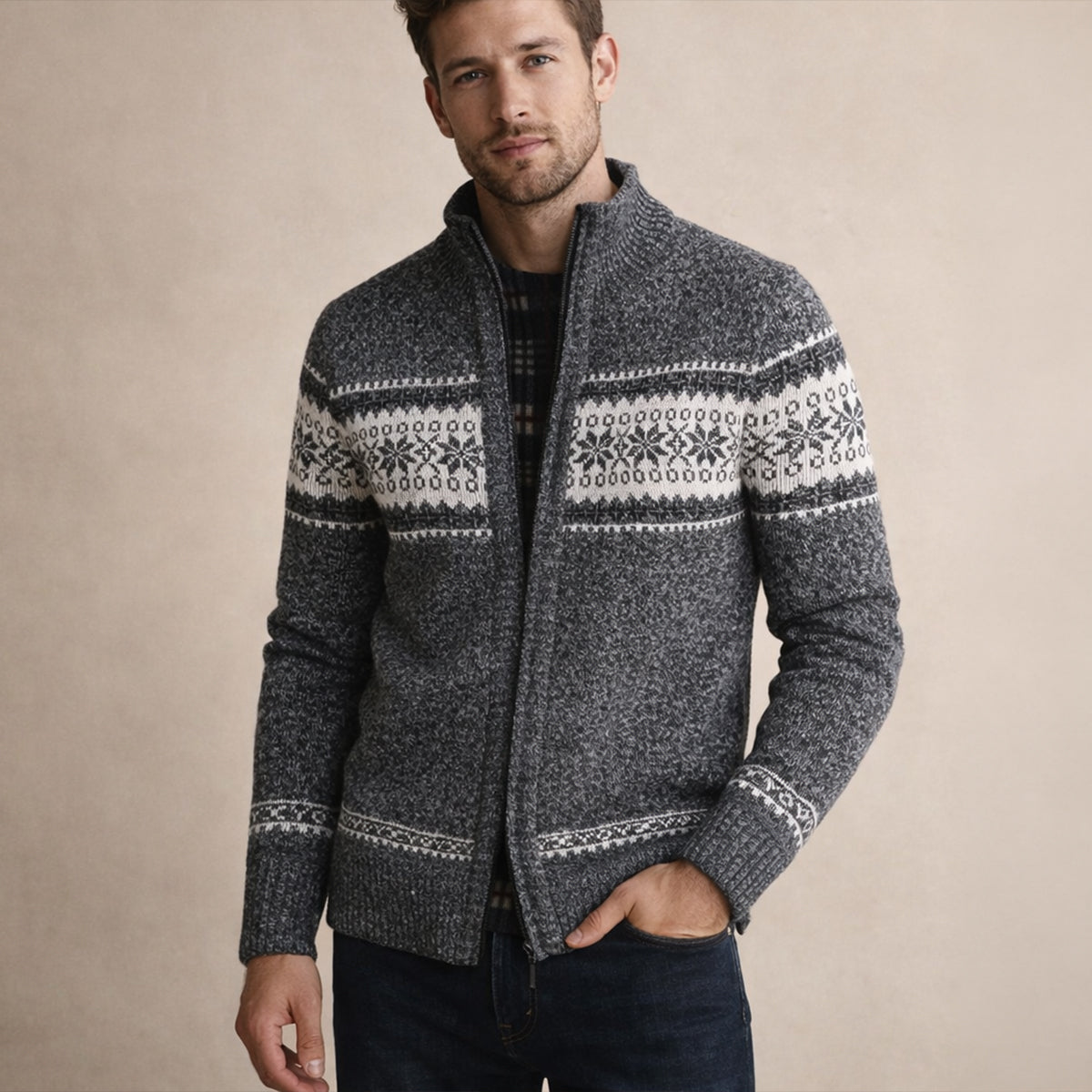Men's Checked Knitted Zip Up Cardigan view 8