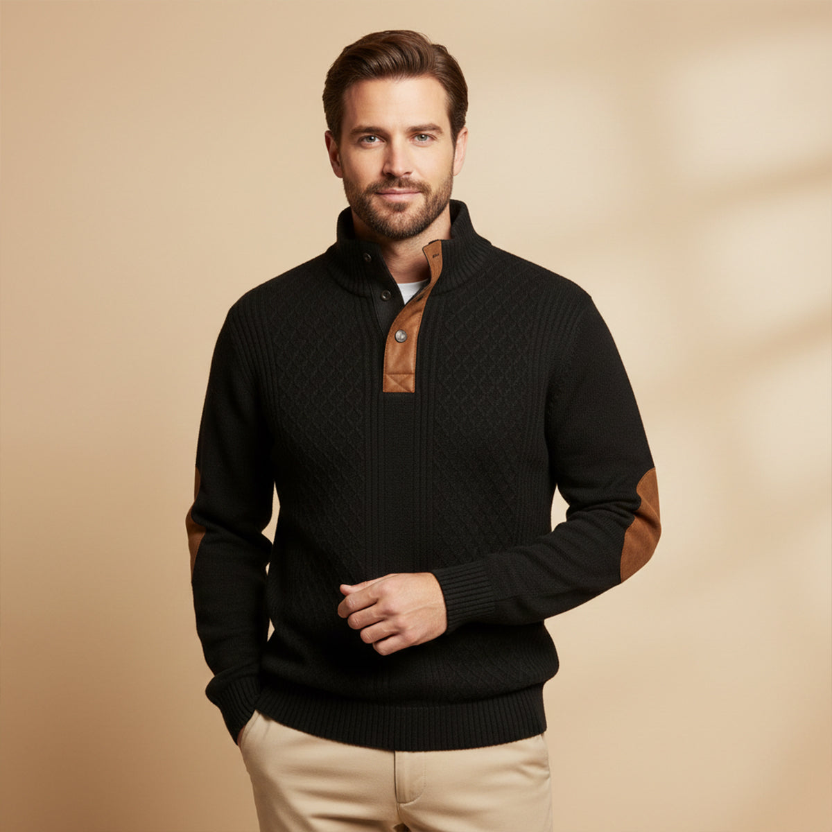 Men's Button Neck Elbow Patch Knitted Jumper