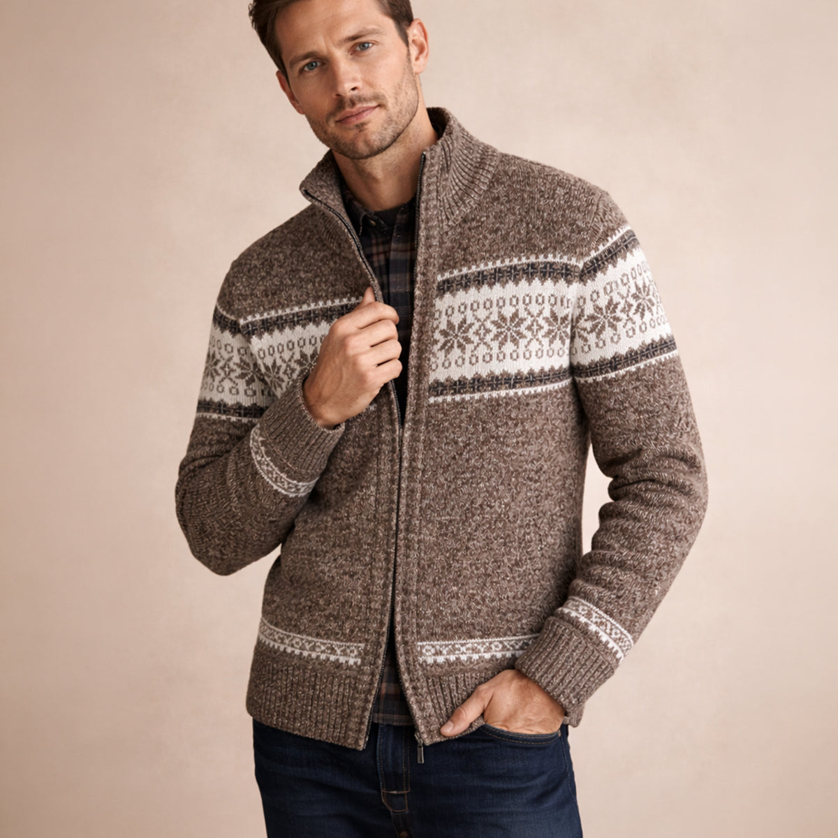 Men's Checked Knitted Zip Up Cardigan view 6
