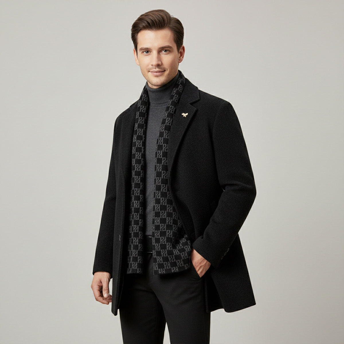 Men's Fur Lined Longline Overcoat with Scarf