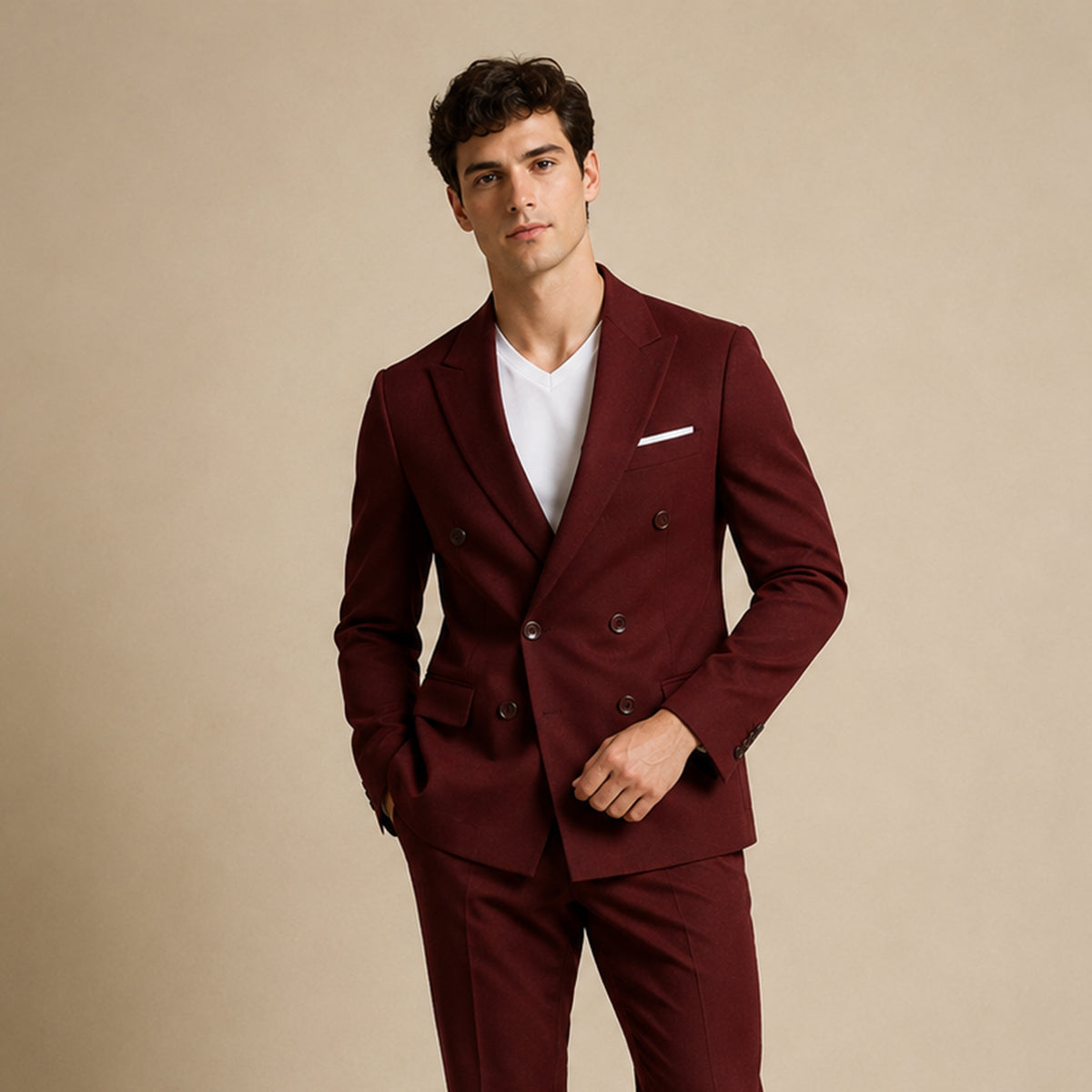 Men's Slim Fit Double Breasted Button Front Lightweight Blazer in Burgundy