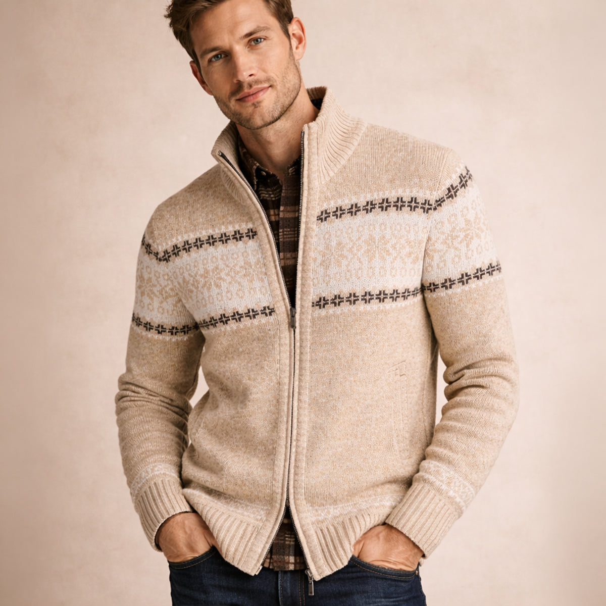 Men's Checked Knitted Zip Up Cardigan view 2